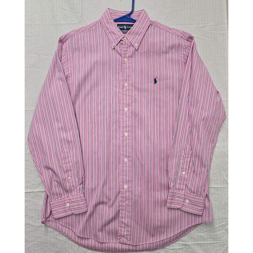 Ralph Lauren Custom Fit Pink Striped Cotton Button Down Shirt Mens 16 32/33